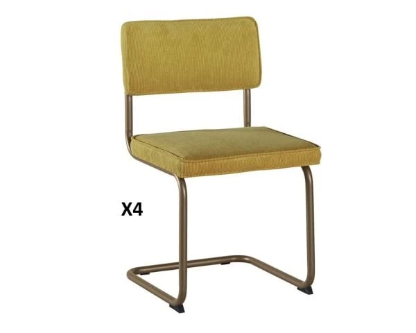 Lot De 4 Chaises Vintage Tissu Jaune Curry Métal Cuivré "Caractère"