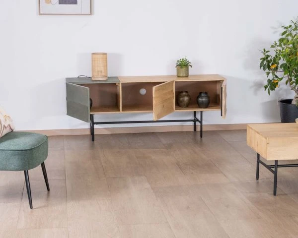 Meuble Télé Design Métal Noir Bois Bicolore "Elegancy" 150 Cm – Image 2