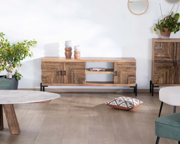 Meuble TV Style Ethnique Acacia Massif Et Pieds Métal "Géonidum" 160cm 3 Portes Et 2 Niches – Image 4