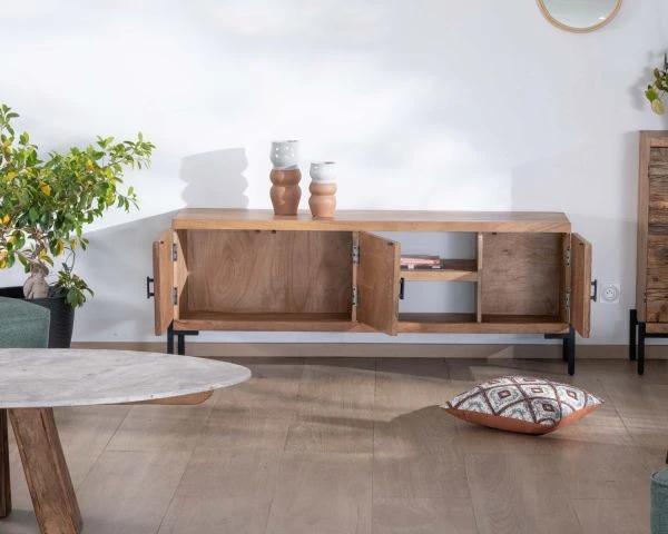 Meuble TV Style Ethnique Acacia Massif Et Pieds Métal "Géonidum" 160cm 3 Portes Et 2 Niches – Image 5