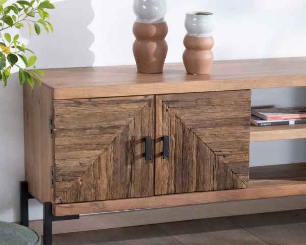 Meuble TV Style Ethnique Acacia Massif Et Pieds Métal "Géonidum" 160cm 3 Portes Et 2 Niches – Image 2