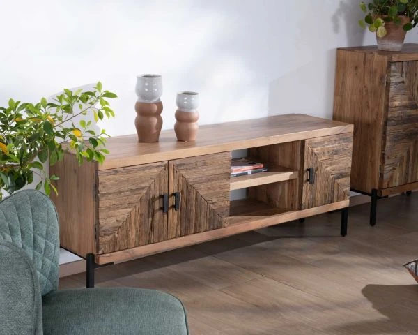 Meuble TV Style Ethnique Acacia Massif Et Pieds Métal "Géonidum" 160cm 3 Portes Et 2 Niches – Image 3