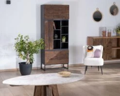 Buffet Haut Moderne Finition Bois Brut Et Noir "Cachou Chic" Avec Portes Et Niches