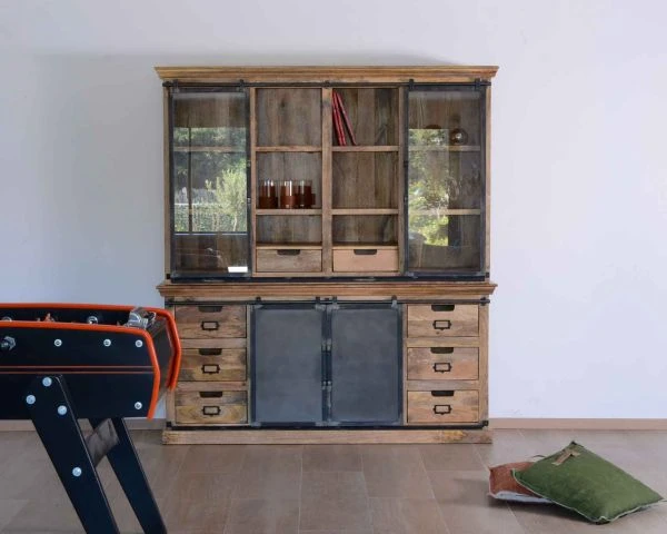Buffet Haut Style Atelier Portes Coulissantes Métal Bois Massif "Haden"