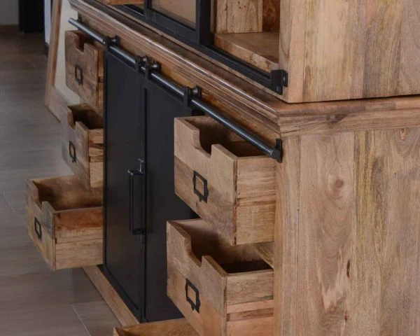 Buffet Haut Style Atelier Portes Coulissantes Métal Bois Massif "Haden" – Image 6