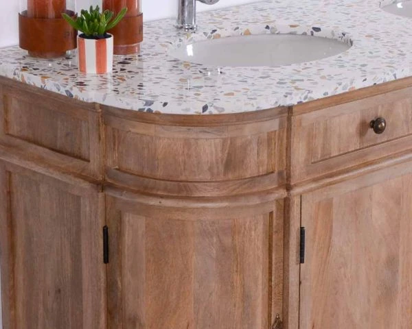 Meuble Double Vasque Plateau Terrazzo Blanc Et Bois Massif "Églantine" – Image 2