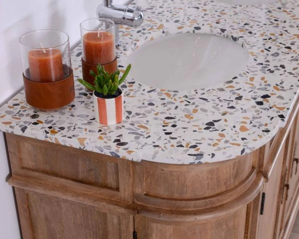 Meuble Double Vasque Plateau Terrazzo Blanc Et Bois Massif "Églantine" – Image 4