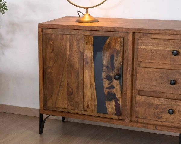 Buffet Bas Acacia Massif Et Pieds Métal Noirs "Membatu" 175cm Portes Et Tiroirs Style Ethnique – Image 4