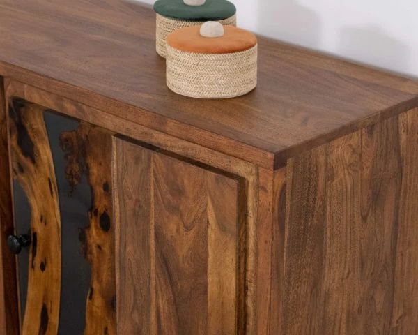 Buffet Bas Acacia Massif Et Pieds Métal Noirs "Membatu" 175cm Portes Et Tiroirs Style Ethnique – Image 5