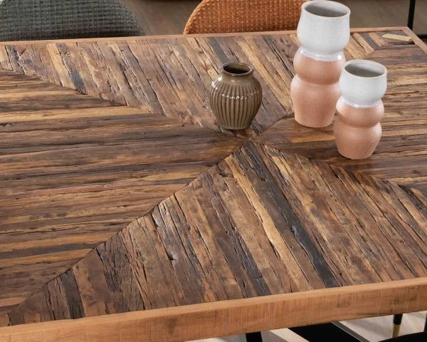 Table De Repas Carrée 140cm Acacia Finition Chevrons Pieds Métal Noir Croisés "Géonidum" – Image 8