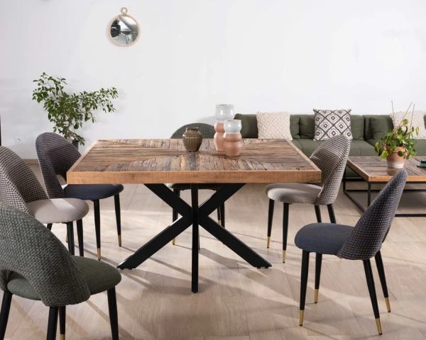 Table De Repas Carrée 140cm Acacia Finition Chevrons Pieds Métal Noir Croisés "Géonidum"