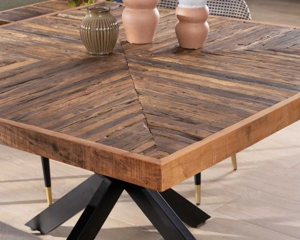 Table De Repas Carrée 140cm Acacia Finition Chevrons Pieds Métal Noir Croisés "Géonidum" – Image 10