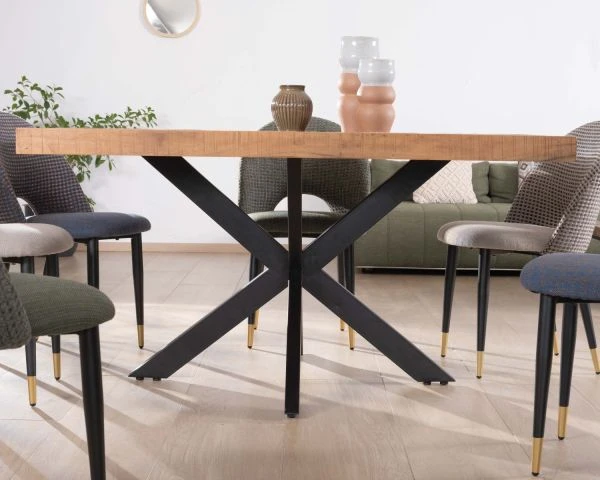 Table De Repas Carrée 140cm Acacia Finition Chevrons Pieds Métal Noir Croisés "Géonidum" – Image 6