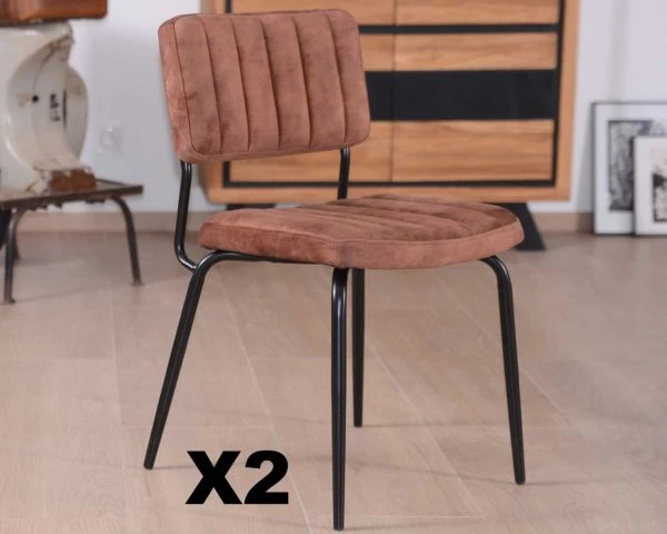Lot De 2 Chaises Style Rétro Fer Noir Et Tissu Velours Chocolat "Lia"