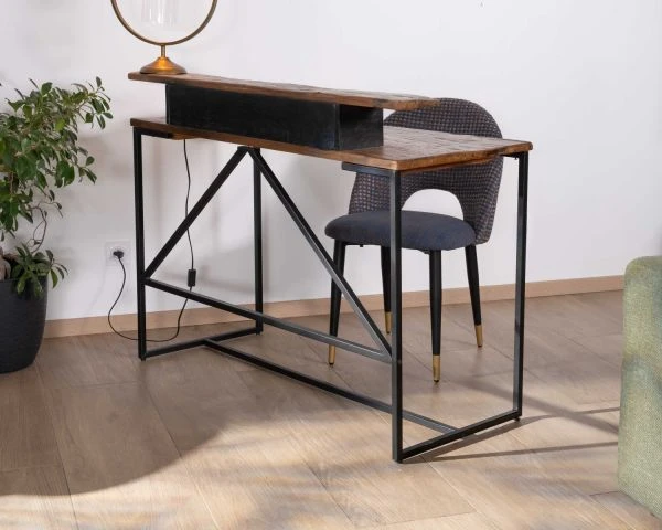 Table D'écriture Style Rétro Industriel Acacia Et Métal Noir "Cachou Chic" 120 Cm – Image 5