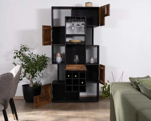 Etagère Sommelière Design Acacia Massif Finition Bois Brut Et Noir "Cachou Chic" – Image 2