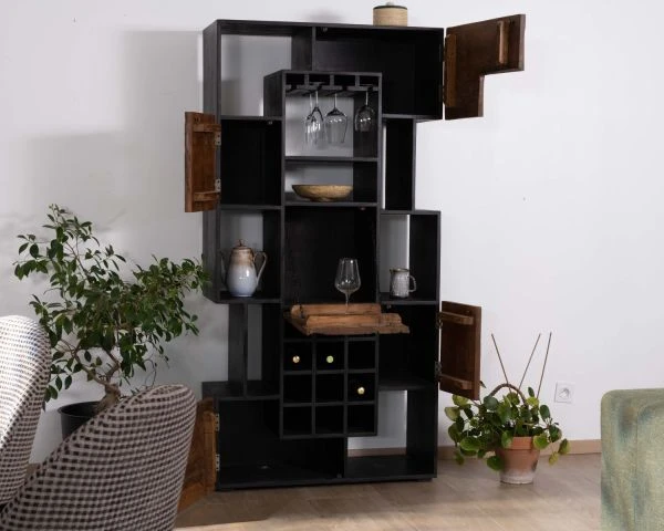 Etagère Sommelière Design Acacia Massif Finition Bois Brut Et Noir "Cachou Chic" – Image 6