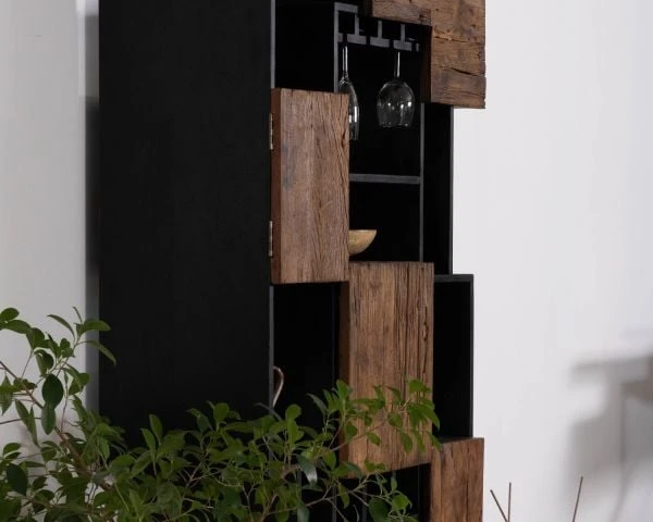 Etagère Sommelière Design Acacia Massif Finition Bois Brut Et Noir "Cachou Chic" – Image 3