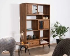 Bibliothèque Style Ethnique Acacia Massif Et Motifs Résine Grise "Membatu"