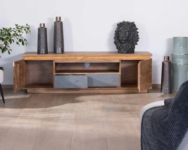 Meuble Télé 175cm En Acacia Avec Tiroirs Façade Placage Pierre Et Bande LED "Paguera" – Image 3