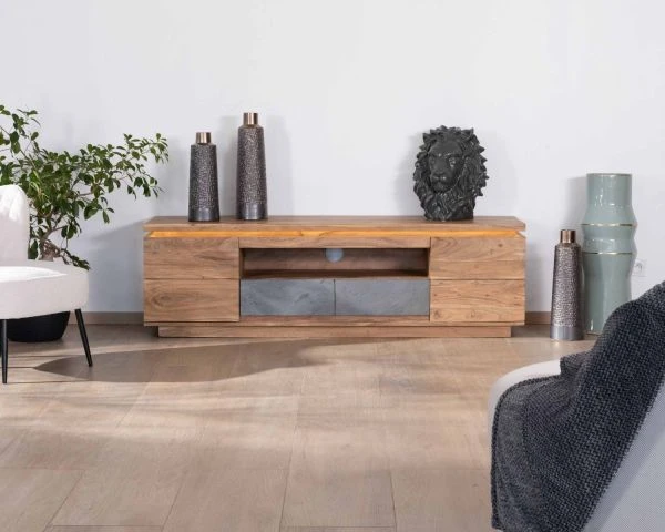 Meuble Télé 175cm En Acacia Avec Tiroirs Façade Placage Pierre Et Bande LED "Paguera" – Image 4