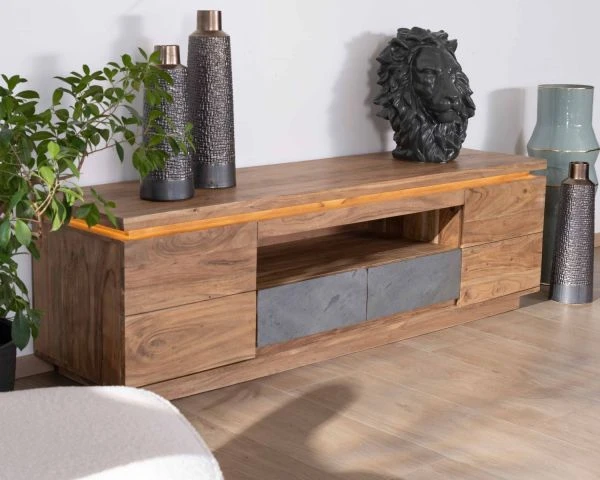 Meuble Télé 175cm En Acacia Avec Tiroirs Façade Placage Pierre Et Bande LED "Paguera" – Image 2