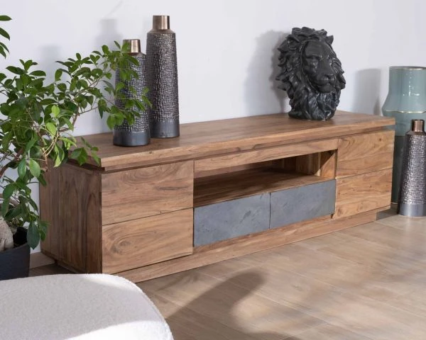 Meuble Télé 175cm En Acacia Avec Tiroirs Façade Placage Pierre Et Bande LED "Paguera" – Image 5