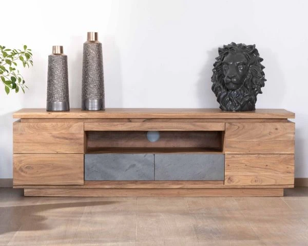 Meuble Télé 175cm En Acacia Avec Tiroirs Façade Placage Pierre Et Bande LED "Paguera" – Image 6