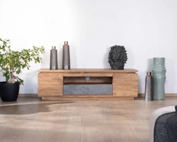 Meuble Télé 175cm En Acacia Avec Tiroirs Façade Placage Pierre Et Bande LED "Paguera"