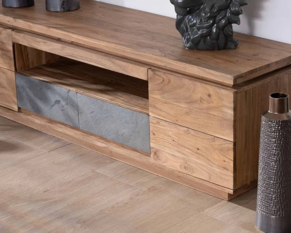 Meuble Télé 175cm En Acacia Avec Tiroirs Façade Placage Pierre Et Bande LED "Paguera" – Image 7