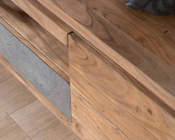 Meuble Télé 175cm En Acacia Avec Tiroirs Façade Placage Pierre Et Bande LED "Paguera" – Image 8