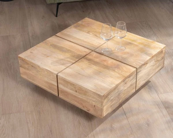 Table Basse Carrée Style Contemporain En Bois Massif Naturel "Pablo" – Image 2