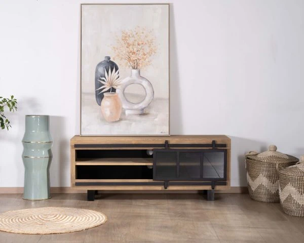 Meuble TV 140 Cm Contemporain En Pin Brossé Avec Porte Coulissante Vitrée "Tolf"