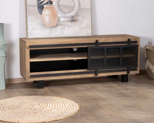 Meuble TV 140 Cm Contemporain En Pin Brossé Avec Porte Coulissante Vitrée "Tolf" – Image 3