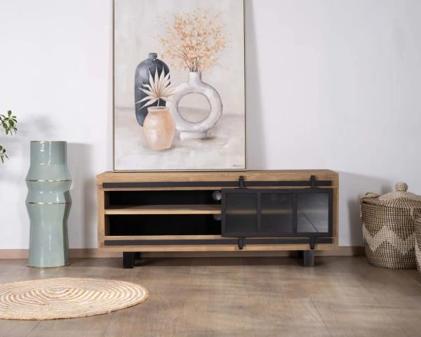 Meuble TV 140 Cm Contemporain En Pin Brossé Avec Porte Coulissante Vitrée "Tolf" – Image 4