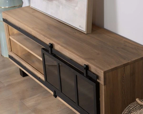 Meuble TV 140 Cm Contemporain En Pin Brossé Avec Porte Coulissante Vitrée "Tolf" – Image 5