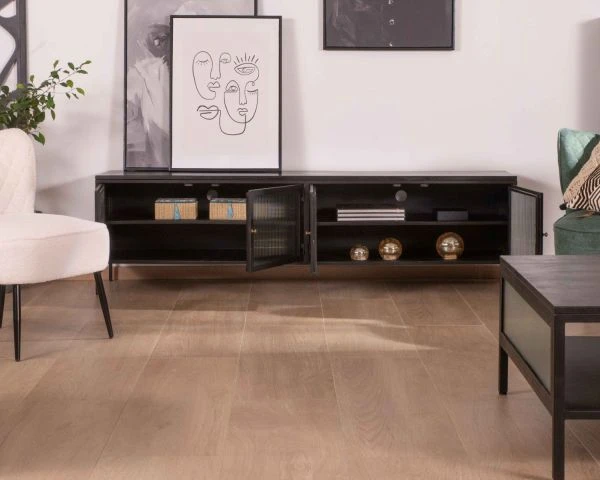 Meuble TV Noir 180 Cm "Boston" Portes Vitrées Structure Métal Et Bois – Image 2