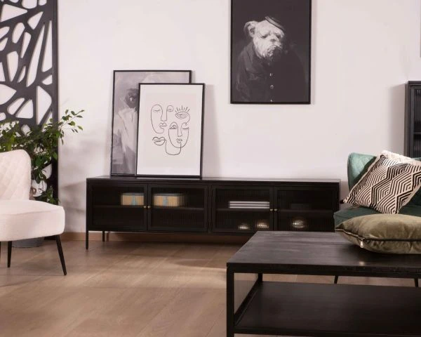 Meuble TV Noir 180 Cm "Boston" Portes Vitrées Structure Métal Et Bois – Image 3
