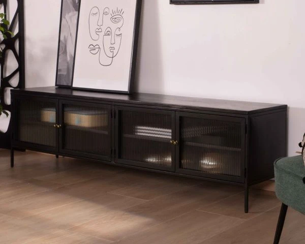 Meuble TV Noir 180 Cm "Boston" Portes Vitrées Structure Métal Et Bois – Image 4