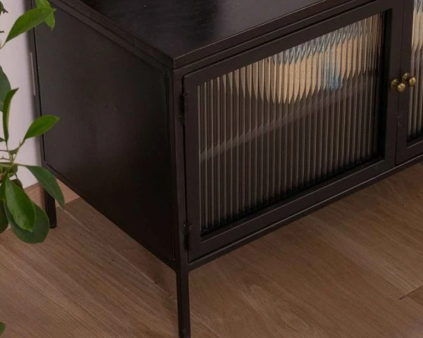 Meuble TV Noir 180 Cm "Boston" Portes Vitrées Structure Métal Et Bois – Image 7