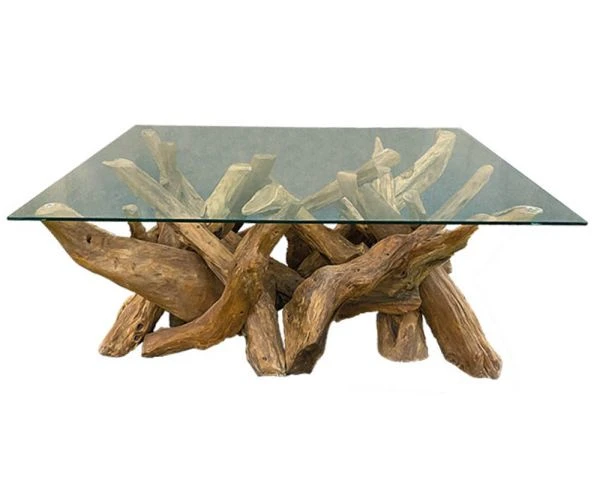 Table Basse Vitrée En Racine De Teck Naturel Recyclé "Farmer"