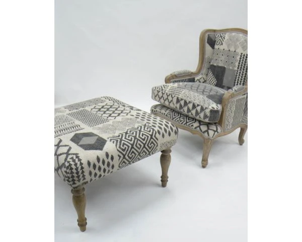 Fauteuil Bergère Tissu Patchwork Gris Et Bois Naturel Clair "Sofia" – Image 8