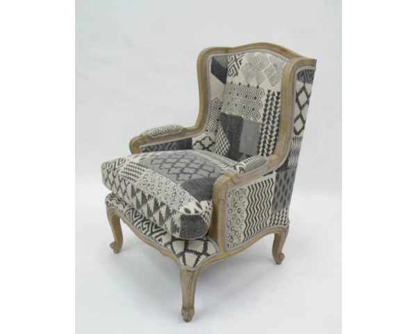 Fauteuil Bergère Tissu Patchwork Gris Et Bois Naturel Clair "Sofia"