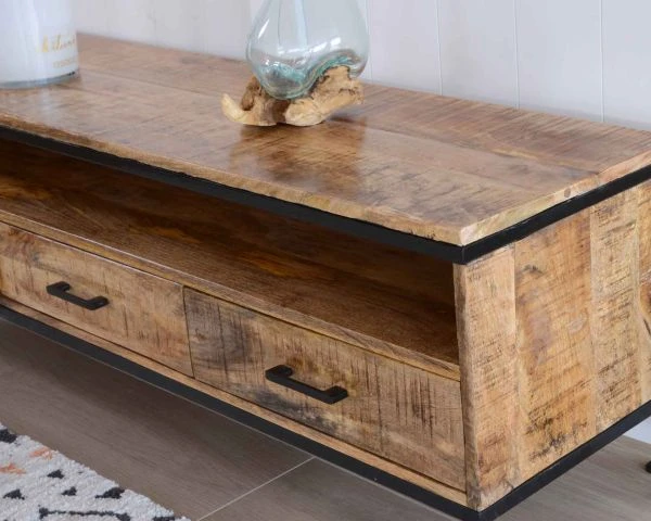 Meuble TV Style épuré En Bois De Manguier Massif Et Métal "Mango" – Image 3