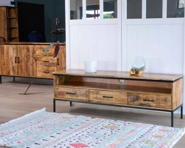 Meuble TV Style épuré En Bois De Manguier Massif Et Métal "Mango" – Image 2