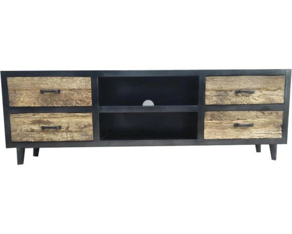 Meuble TV Industriel Noir Et Bois Brut Recyclé 4 Tiroirs "Jazz" – Image 2