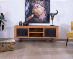 Meuble TV Moderne Teck Recyclé Et Métal "Trend' 2 Portes 2 Niches