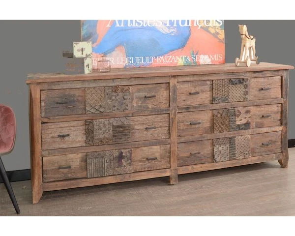 Commode Basse Apothicaire 195cm "Népalaise" En Bois Recyclé 6 Tiroirs