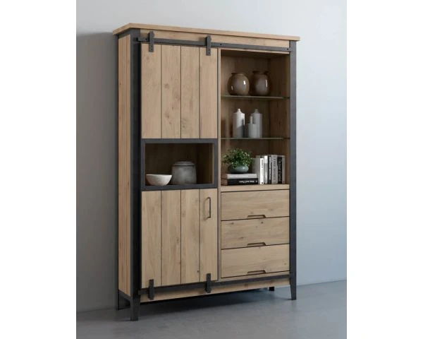 Meuble De Rangement Avec Vitrine Bois Massif Et Métal Foncé "Breeze" – Image 3