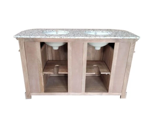 Meuble Double Vasque Plateau Terrazzo Blanc Et Bois Massif "Églantine" – Image 6